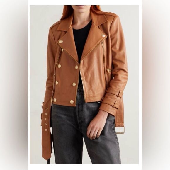 L’AGENCE Billie Cognac Leather Belted Moto Jacket Size XS EUC - Picture 5 of 11